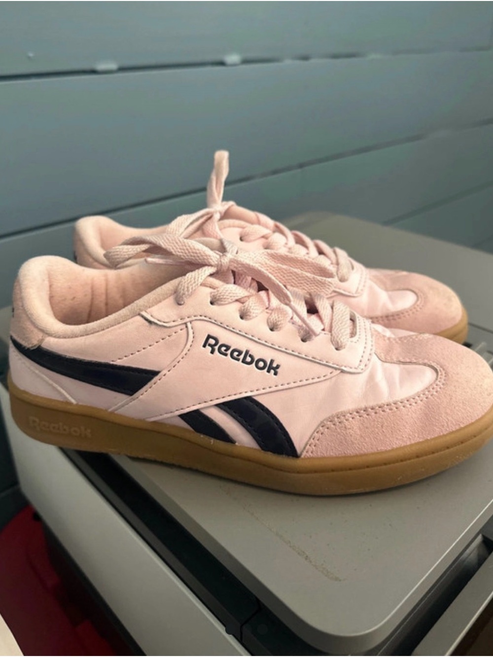 Reebok Kids Light Pink Sneakers with Navy Stripes and Gum Sole